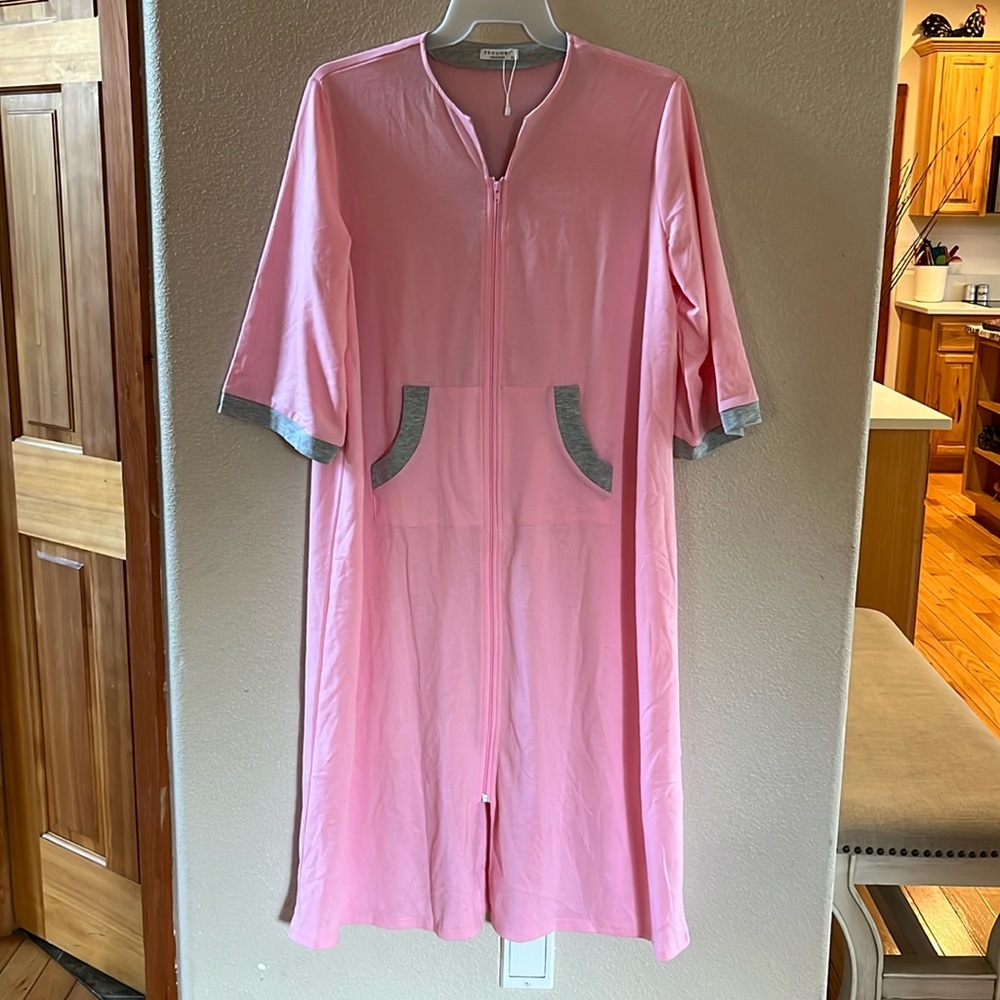 EKOUAER- Zipper Loungewear Robe, with pockets Size XL Pink&Gray New